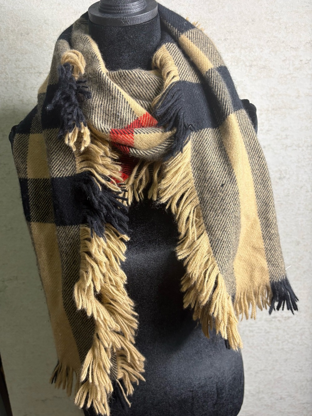 Burberry Scarf Beige, Black & Tan Plaid Fringe Scarf